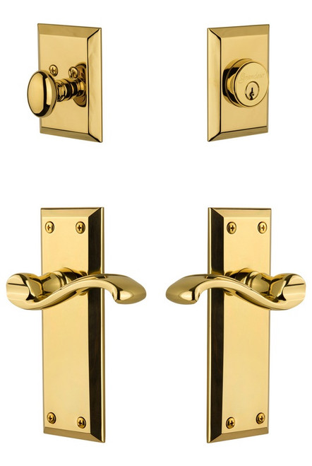 Grandeur Hardware - Fifth Avenue Plate with Portfino Lever and matching Deadbolt in Lifetime Brass - FAVPRT - 820863