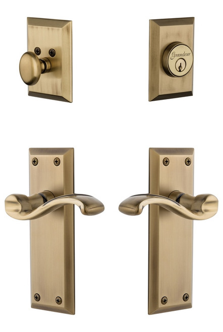 Grandeur Hardware - Fifth Avenue Plate with Portfino Lever and matching Deadbolt in Vintage Brass - FAVPRT - 817976