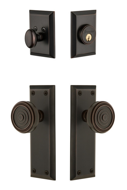 Grandeur Hardware - Fifth Avenue Plate with Soleil Knob and matching Deadbolt in Timeless Bronze - FAVSOL - 833654