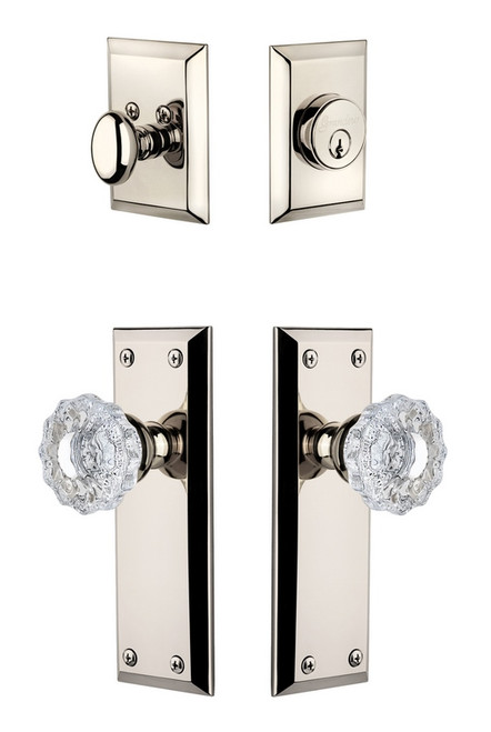 Grandeur Hardware - Fifth Avenue Plate with Versailles Crystal Knob and matching Deadbolt in Polished Nickel - FAVVER - 817979