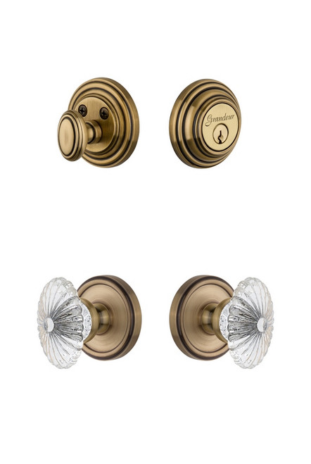 Grandeur Hardware - Georgetown Rosette with Burgundy Crystal Knob and matching Deadbolt in Vintage Brass - GEOBUR - 818036