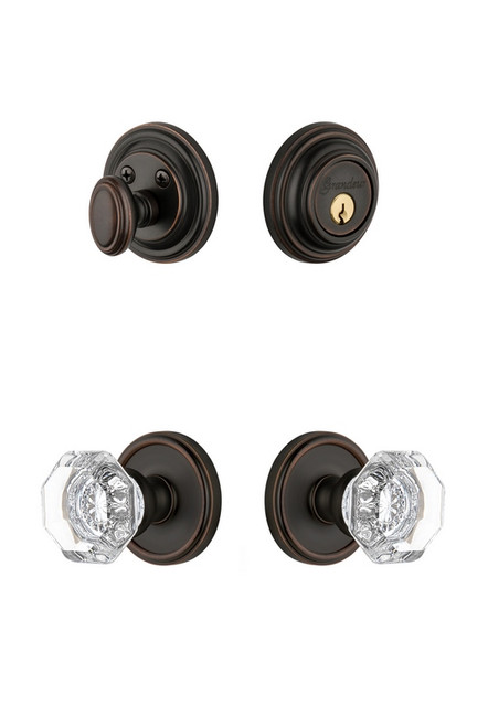 Grandeur Hardware - Georgetown Rosette with Chambord Crystal Knob and matching Deadbolt in Timeless Bronze - GEOCHM - 818041
