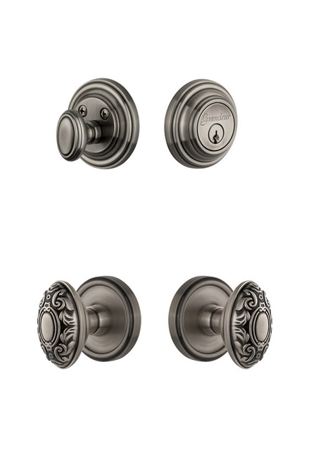 Grandeur Hardware - Georgetown Rosette with Grande Victorian Knob and matching Deadbolt in Antique Pewter - GEOGVC - 823220