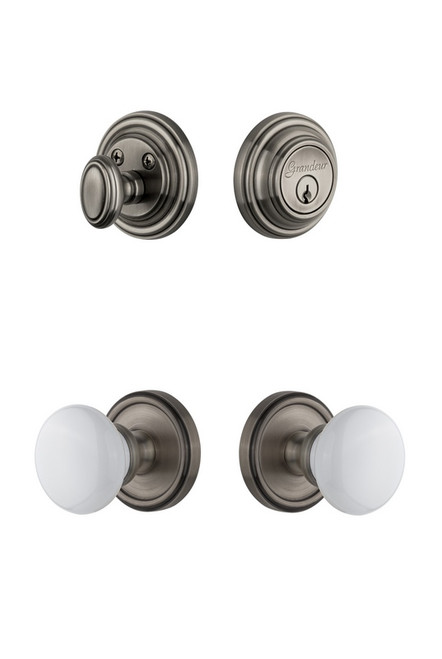 Grandeur Hardware - Georgetown Rosette with Hyde Park Porcelain Knob and matching Deadbolt in Antique Pewter - GEOHYD - 801350