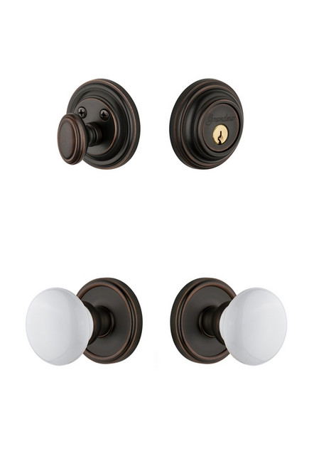 Grandeur Hardware - Georgetown Rosette with Hyde Park Porcelain Knob and matching Deadbolt in Timeless Bronze - GEOHYD - 818107