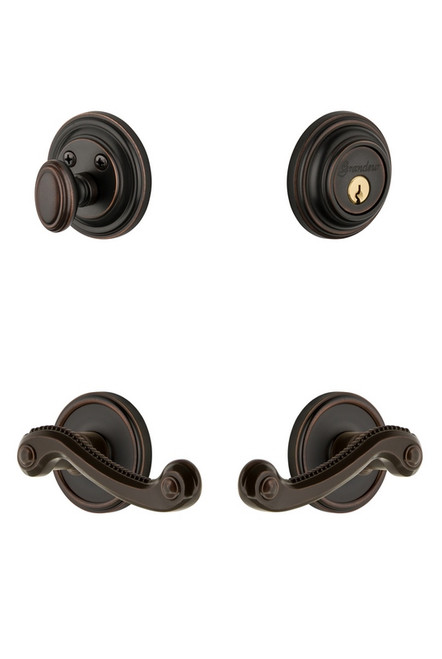 Grandeur Hardware - Georgetown Rosette with Newport Lever and matching Deadbolt in Timeless Bronze - GEONEW - 834378