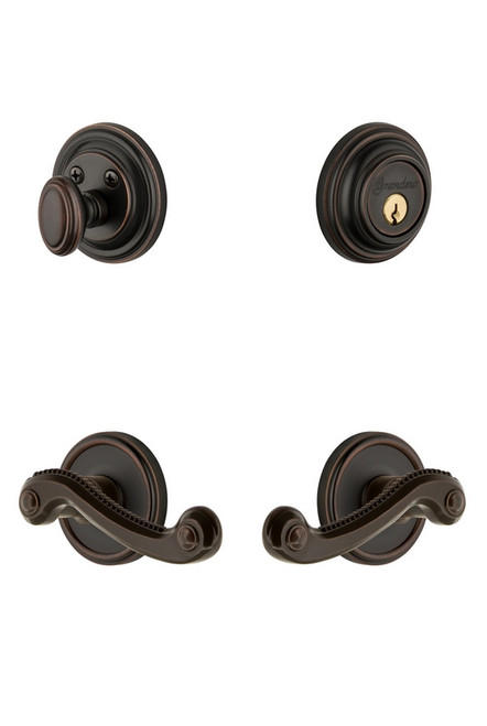 Grandeur Hardware - Georgetown Rosette with Newport Lever and matching Deadbolt in Timeless Bronze - GEONEW - 834432
