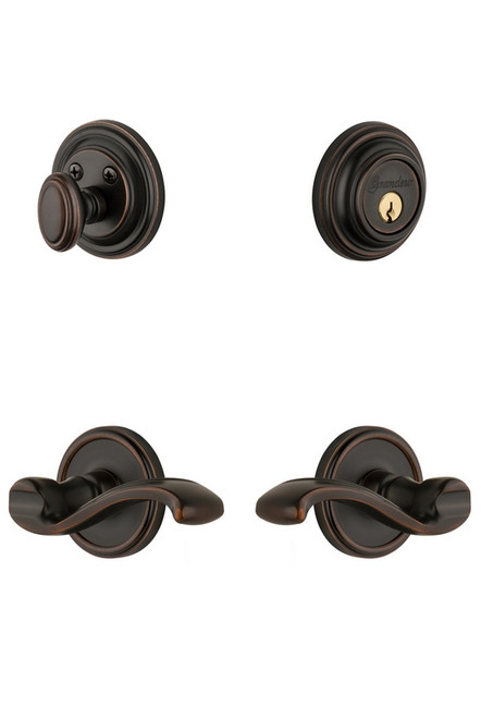 Grandeur Hardware - Georgetown Rosette with Portfino Lever and matching Deadbolt in Timeless Bronze - GEOPRT - 818743