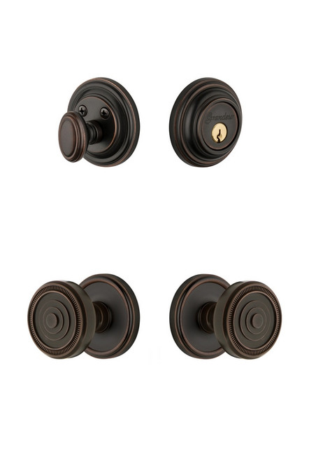 Grandeur Hardware - Georgetown Rosette with Soleil Knob and matching Deadbolt in Timeless Bronze - GEOSOL - 834306