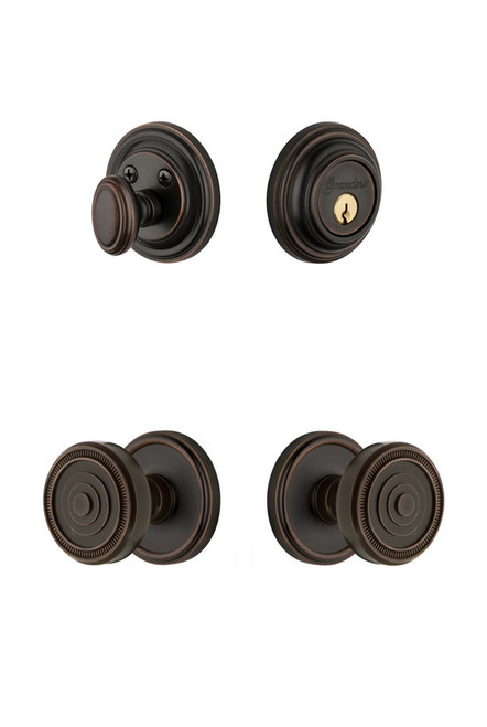 Grandeur Hardware - Georgetown Rosette with Soleil Knob and matching Deadbolt in Timeless Bronze - GEOSOL - 834328