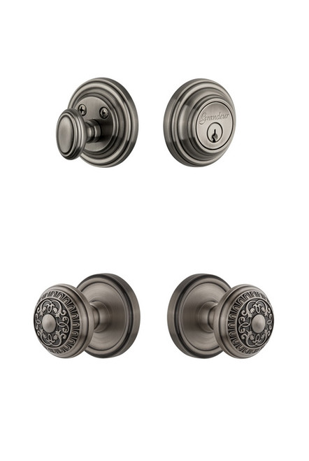 Grandeur Hardware - Georgetown Rosette with Windsor Knob and matching Deadbolt in Antique Pewter - GEOWIN - 818151