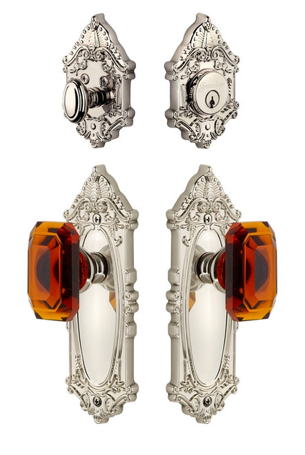 Grandeur Hardware - Grande Vic Plate with Amber Baguette Crystal Knob and matching Deadbolt in Polished Nickel - GVCBCA - 828694