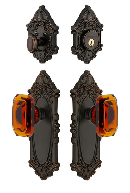 Grandeur Hardware - Grande Vic Plate with Amber Baguette Crystal Knob and matching Deadbolt in Timeless Bronze - GVCBCA - 828715