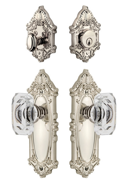 Grandeur Hardware - Grande Vic Plate with Baguette Crystal Knob and matching Deadbolt in Polished Nickel - GVCBCC - 828934