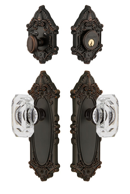 Grandeur Hardware - Grande Vic Plate with Baguette Crystal Knob and matching Deadbolt in Timeless Bronze - GVCBCC - 828955