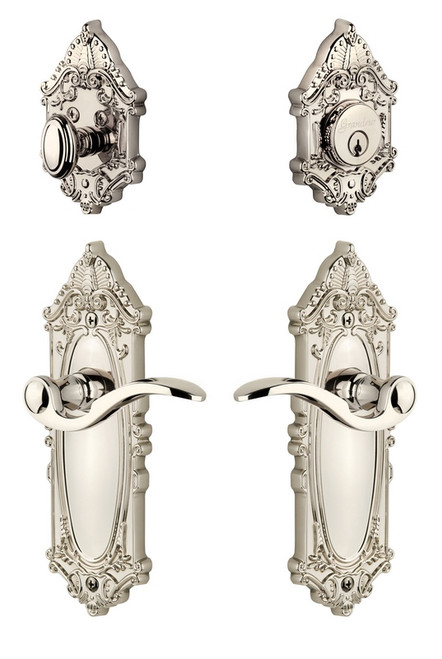 Grandeur Hardware - Grande Vic Plate with Bellagio Lever and matching Deadbolt in Polished Nickel - GVCBEL - 802324