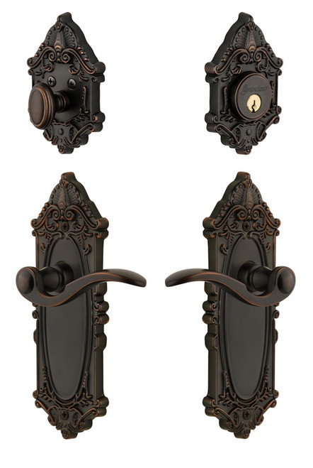 Grandeur Hardware - Grande Vic Plate with Bellagio Lever and matching Deadbolt in Timeless Bronze - GVCBEL - 818161