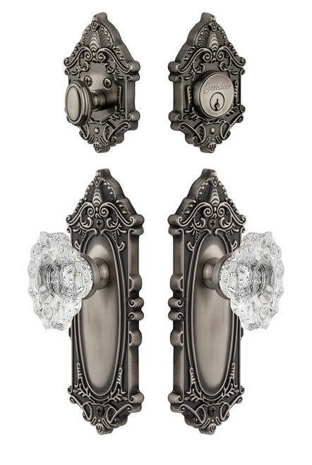 Grandeur Hardware - Grande Vic Plate with Biarritz Crystal Knob and matching Deadbolt in Antique Pewter - GVCBIA - 802020