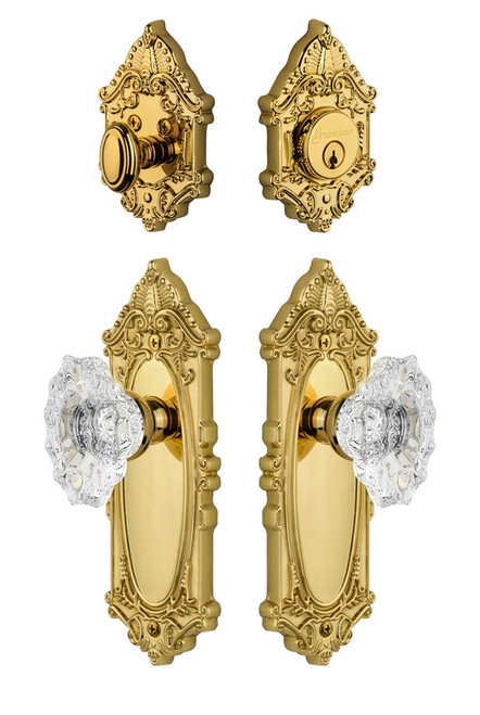 Grandeur Hardware - Grande Vic Plate with Biarritz Crystal Knob and matching Deadbolt in Lifetime Brass - GVCBIA - 802044