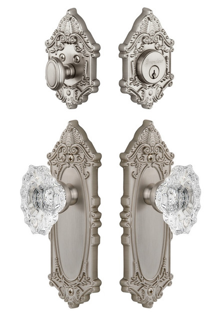 Grandeur Hardware - Grande Vic Plate with Biarritz Crystal Knob and matching Deadbolt in Satin Nickel - GVCBIA - 818178