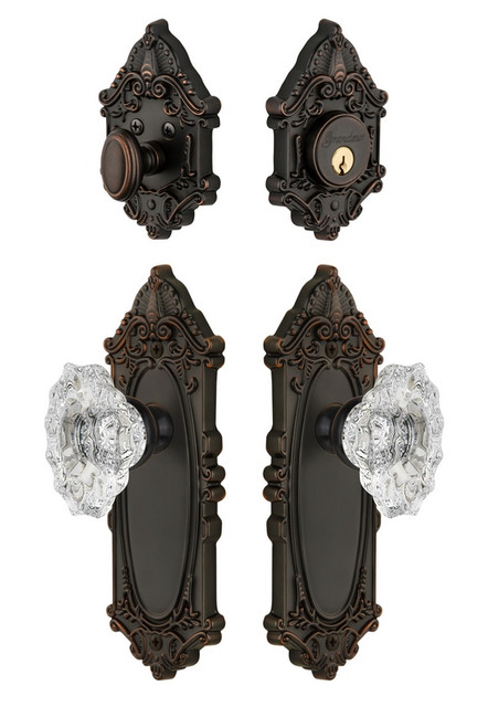 Grandeur Hardware - Grande Vic Plate with Biarritz Crystal Knob and matching Deadbolt in Timeless Bronze - GVCBIA - 818173