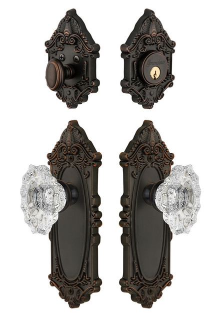 Grandeur Hardware - Grande Vic Plate with Biarritz Crystal Knob and matching Deadbolt in Timeless Bronze - GVCBIA - 818179