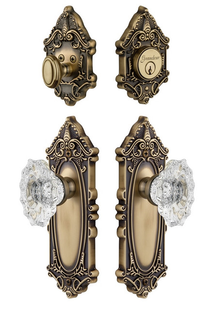 Grandeur Hardware - Grande Vic Plate with Biarritz Crystal Knob and matching Deadbolt in Vintage Brass - GVCBIA - 818174