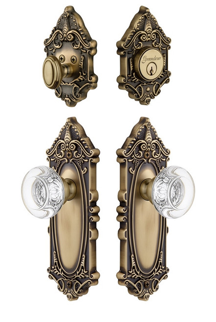 Grandeur Hardware - Grande Vic Plate with Bordeaux Crystal Knob and matching Deadbolt in Vintage Brass - GVCBOR - 818186