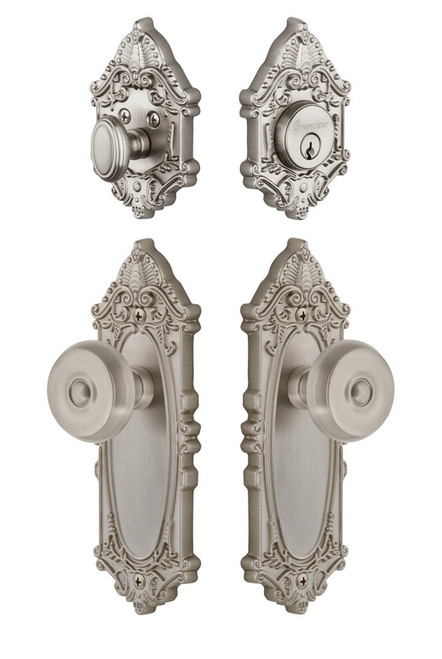 Grandeur Hardware - Grande Victorian Plate with Bouton Knob and matching Deadbolt in Satin Nickel - GVCBOU - 835560