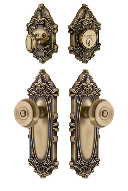 Grandeur Hardware - Grande Victorian Plate with Bouton Knob and matching Deadbolt in Vintage Brass - GVCBOU - 835564