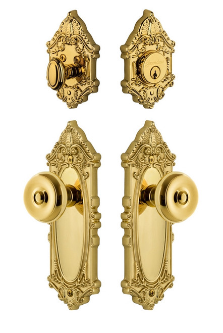 Grandeur Hardware - Grande Victorian Plate with Bouton Knob and matching Deadbolt in Lifetime Brass - GVCBOU - 835554