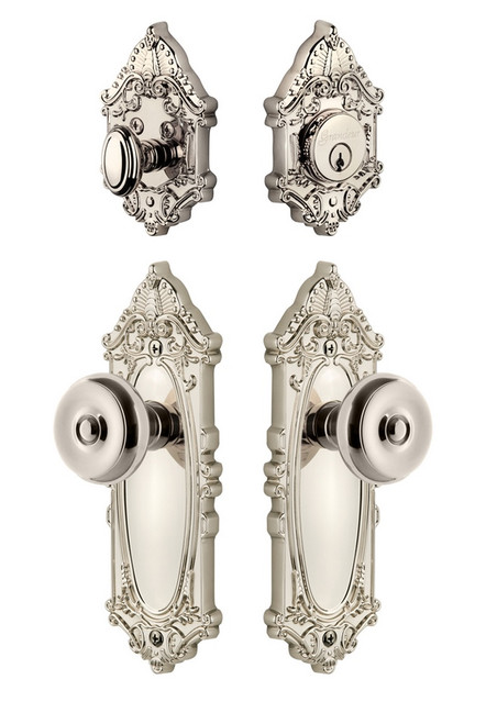 Grandeur Hardware - Grande Victorian Plate with Bouton Knob and matching Deadbolt in Polished Nickel - GVCBOU - 835578