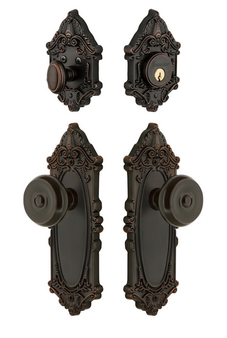 Grandeur Hardware - Grande Victorian Plate with Bouton Knob and matching Deadbolt in Timeless Bronze - GVCBOU - 835580