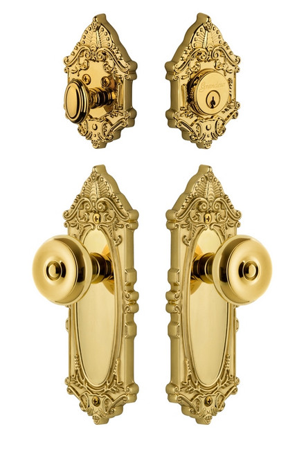 Grandeur Hardware - Grande Victorian Plate with Bouton Knob and matching Deadbolt in Lifetime Brass - GVCBOU - 835576