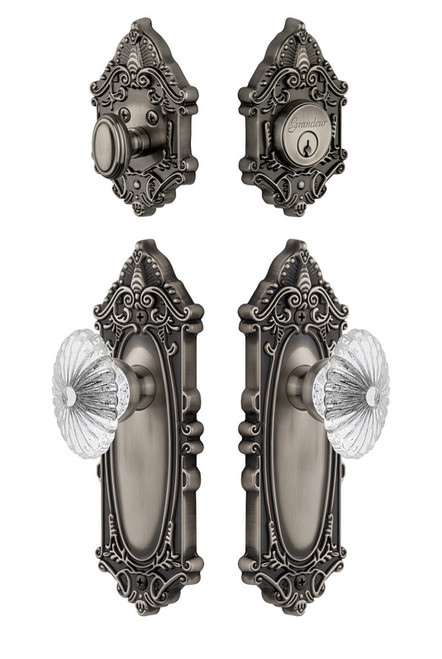 Grandeur Hardware - Grande Vic Plate with Burgundy Crystal Knob and matching Deadbolt in Antique Pewter - GVCBUR - 818199