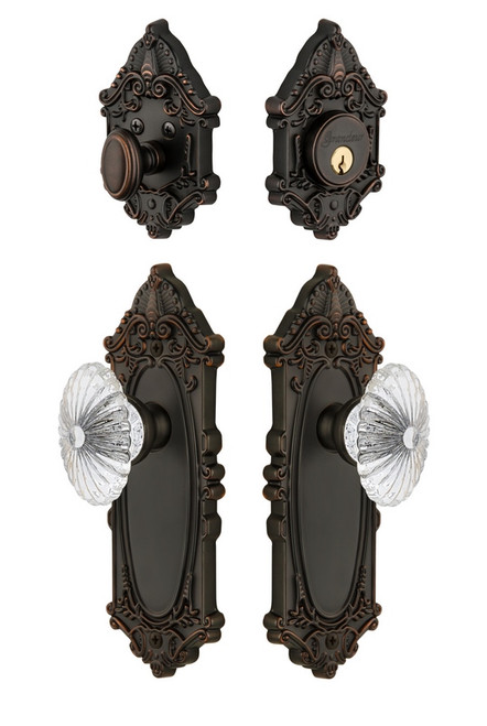 Grandeur Hardware - Grande Vic Plate with Burgundy Crystal Knob and matching Deadbolt in Timeless Bronze - GVCBUR - 818197