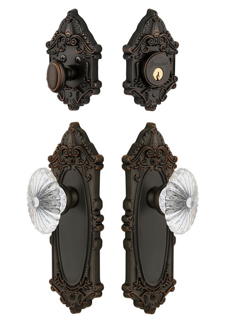 Grandeur Hardware - Grande Vic Plate with Burgundy Crystal Knob and matching Deadbolt in Timeless Bronze - GVCBUR - 801730