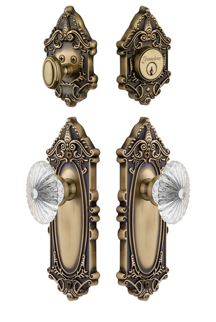 Grandeur Hardware - Grande Vic Plate with Burgundy Crystal Knob and matching Deadbolt in Vintage Brass - GVCBUR - 801731