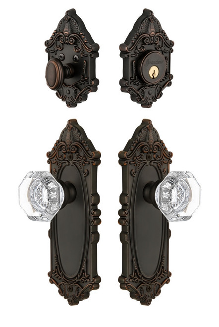 Grandeur Hardware - Grande Vic Plate with Chambord Crystal Knob and matching Deadbolt in Timeless Bronze - GVCCHM - 801374