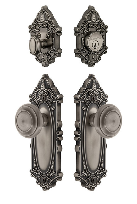 Grandeur Hardware - Grande Victorian Plate with Circulaire Knob and matching Deadbolt in Antique Pewter - GVCCIR - 835110
