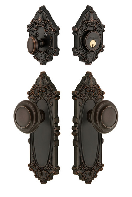 Grandeur Hardware - Grande Victorian Plate with Circulaire Knob and matching Deadbolt in Timeless Bronze - GVCCIR - 835130