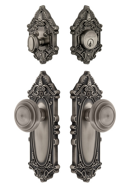 Grandeur Hardware - Grande Victorian Plate with Circulaire Knob and matching Deadbolt in Antique Pewter - GVCCIR - 835135