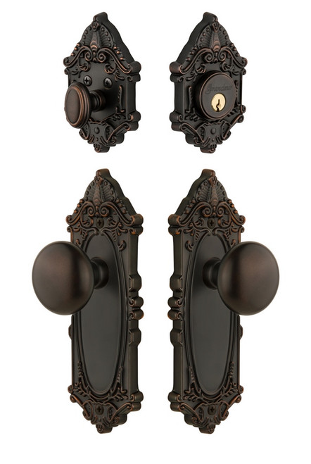 Grandeur Hardware - Grande Vic Plate with Fifth Avenue Knob and matching Deadbolt in Timeless Bronze - GVCFAV - 823034