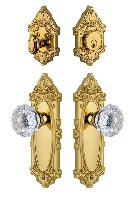 Grandeur Hardware - Grande Vic Plate with Fontainebleau Crystal Knob and matching Deadbolt in Lifetime Brass - GVCFON - 801516