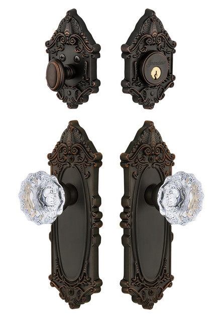 Grandeur Hardware - Grande Vic Plate with Fontainebleau Crystal Knob and matching Deadbolt in Timeless Bronze - GVCFON - 818251