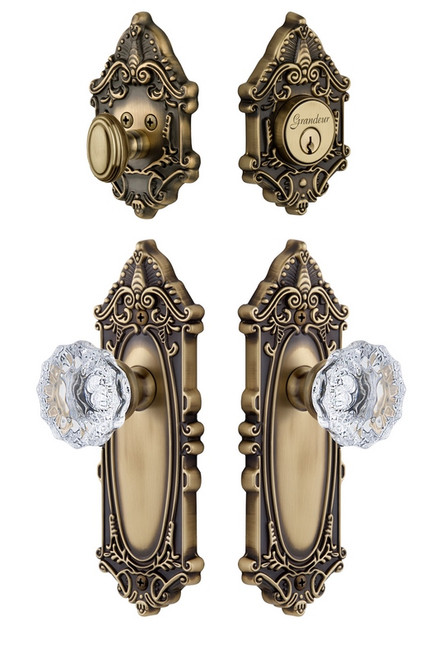 Grandeur Hardware - Grande Vic Plate with Fontainebleau Crystal Knob and matching Deadbolt in Vintage Brass - GVCFON - 801495