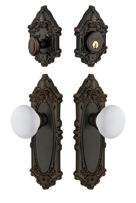 Grandeur Hardware - Grande Vic Plate with Hyde Park Porcelain Knob and matching Deadbolt in Timeless Bronze - GVCHYD - 818269