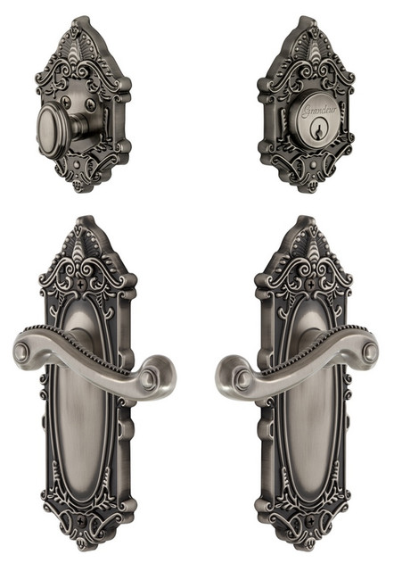 Grandeur Hardware - Grande Victorian Plate with Newport Lever and matching Deadbolt in Antique Pewter - GVCNEW - 835267