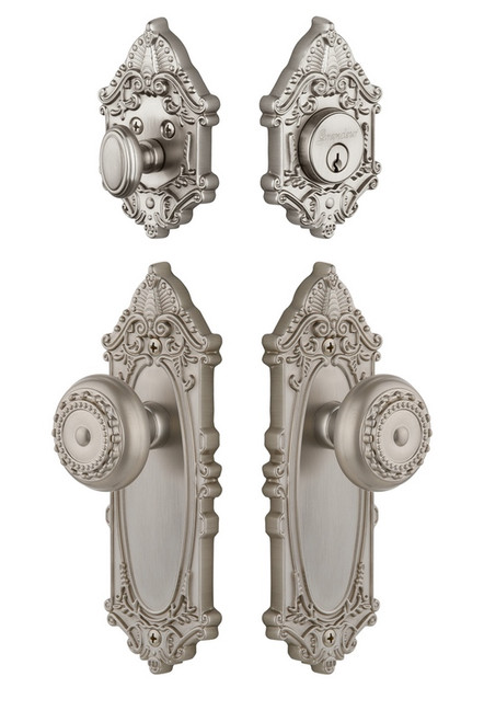 Grandeur Hardware - Grande Vic Plate with Parthenon Knob and matching Deadbolt in Satin Nickel - GVCPAR - 800701