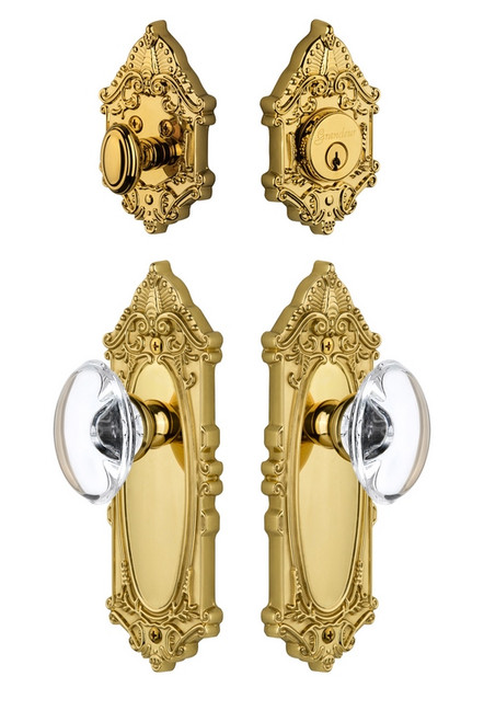 Grandeur Hardware - Grande Vic Plate with Provence Crystal Knob and matching Deadbolt in Lifetime Brass - GVCPRO - 801888